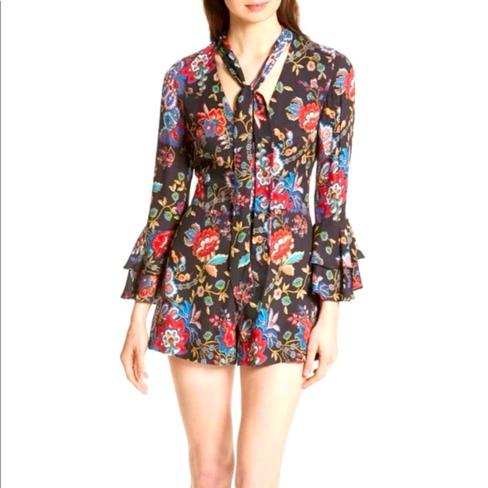 Alice & Olivia Macall Gloria Tapestry black floral bell sleeve romper size small